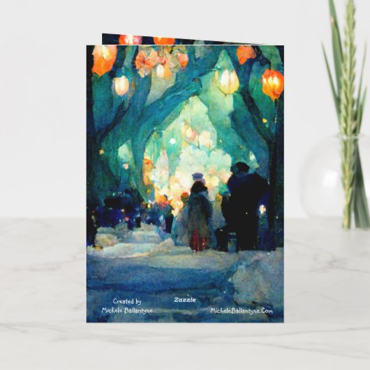 Kerstkaart avondbijeenkomst kleurrijke lichten kaart (Achterkant)