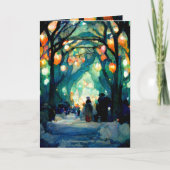 Kerstkaart avondbijeenkomst kleurrijke lichten kaart (Voorkant)