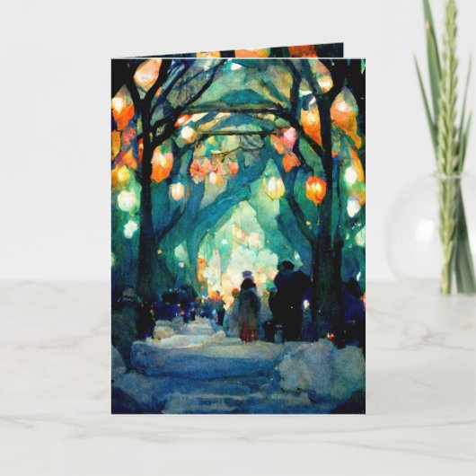 Kerstkaart avondbijeenkomst kleurrijke lichten kaart (Voorkant)