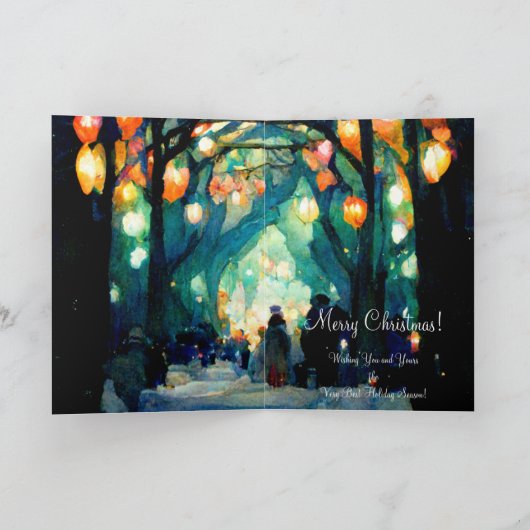 Kerstkaart avondbijeenkomst kleurrijke lichten kaart