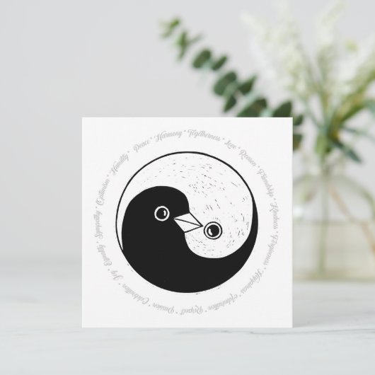 Kerstkaart b/w YinYang duiven Vrede & Harmonie (Staand voorkant)