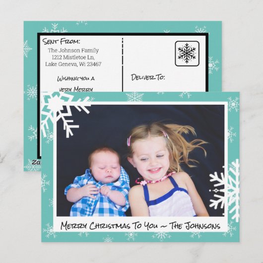 kerstkaart Blauwgroen Snowflakes familiekaart Briefkaart (Voorkant / Achterkant)