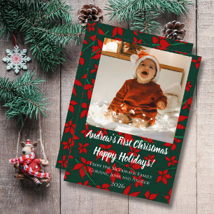 Kerstkaart bloem groen baby's eerste kerst
