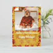Kerstkaart bloemig goud baby's eerste kerst (Staand voorkant)
