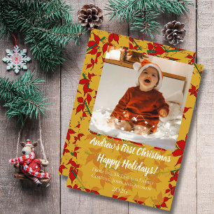 Kerstkaart bloemig goud baby's eerste kerst