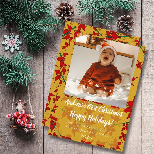 Kerstkaart bloemig goud baby's eerste kerst