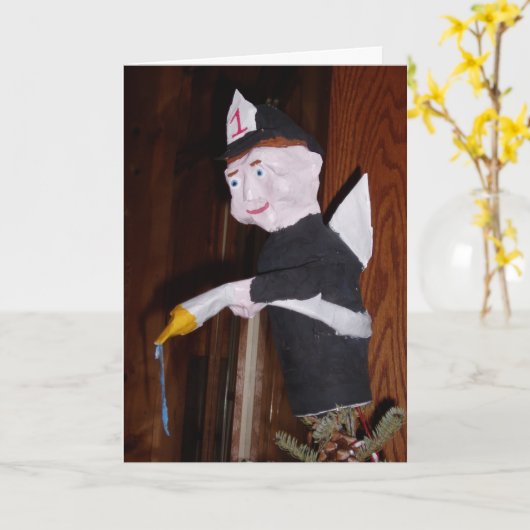 "Kerstkaart 'Brandweerman als piek van de kerstboo Kaart (Gele Bloem)