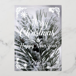 Kerstkaart, dennennaalden gedicht in Zilver Folie Feestdagenkaart