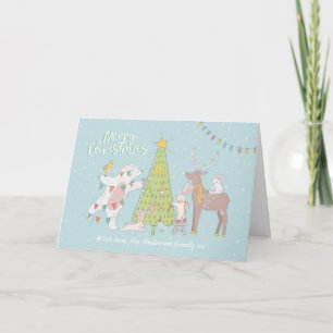 Kerstkaart Dieren versieren een kerstboom Kaart