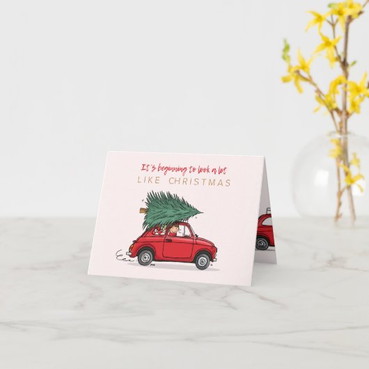 Kerstkaart Fiat 500 rood met kerstboom Kaart (Gele Bloem)