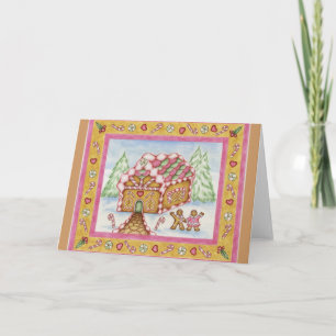 Kerstkaart Gingerbread House Roze Feestdagen Kaart