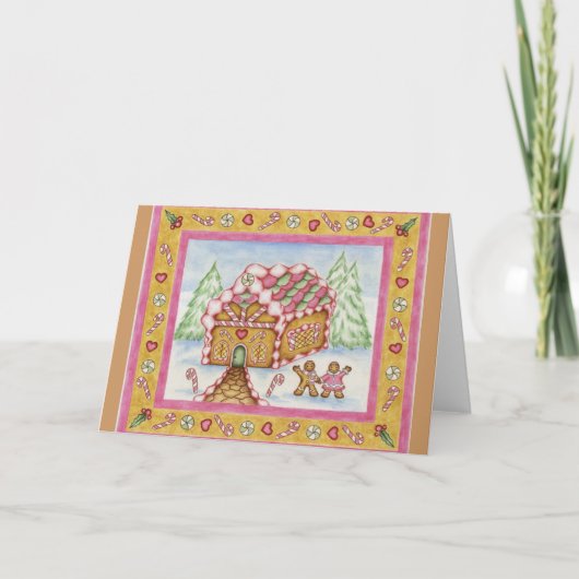 Kerstkaart Gingerbread House Roze Feestdagen Kaart (Voorkant)