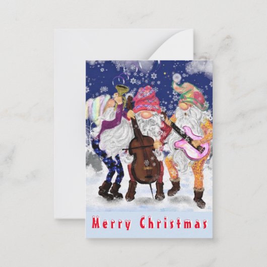 KerstKaart Happy Gnomes Music Band - Fun Notitiekaartje (Achterkant)