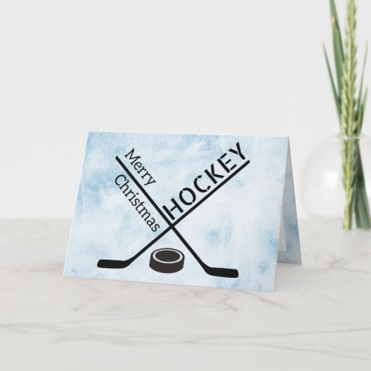 Kerstkaart hockey - Blauwe ijsstokken puck Kaart (Voorkant)