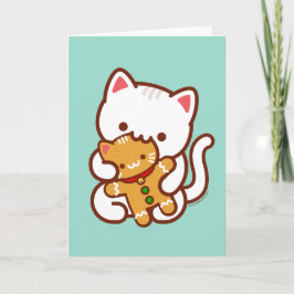 Kerstkaart: hongerige kat eet gemberkoek kat kaart