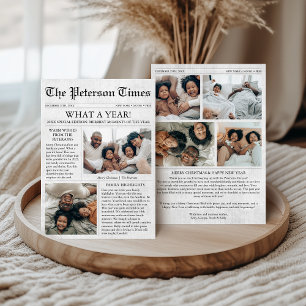 Kerstkaart in krantenstijl met 6 foto's Familie Fe