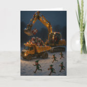Kerstkaart Kerstman, Kerstelfen, graafmachine, Kaart (Voorkant)