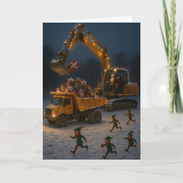 Kerstkaart Kerstman, Kerstelfen, graafmachine,  Kaart