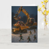 Kerstkaart Kerstman, Kerstelfen, graafmachine, Kaart (Gele Bloem)