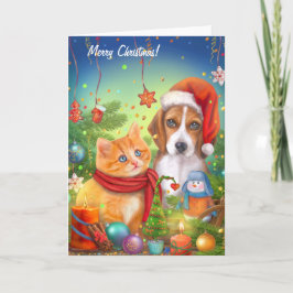 kerstkaart. Kute kat en hond. Funny animals Kaart