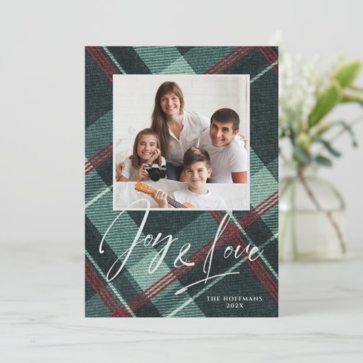 Kerstkaart Love & Joy Foto Vakantie Burgundy (Staand voorkant)