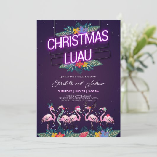 kerstkaart Luau Neon Flamingo Kaart (Staand voorkant)