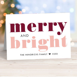Kerstkaart Merry and Bright Roze Goud en Wijnrood Kaart