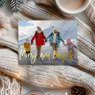 Kerstkaart Merry & Bright met goud folie & foto Feestdagen Briefkaart