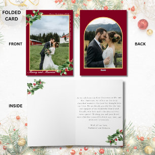 Kerstkaart Merry & Married Burgundy 2 foto's gevou Feestdagen Kaart