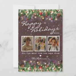 Kerstkaart met 3 foto's en houten achtergrond
