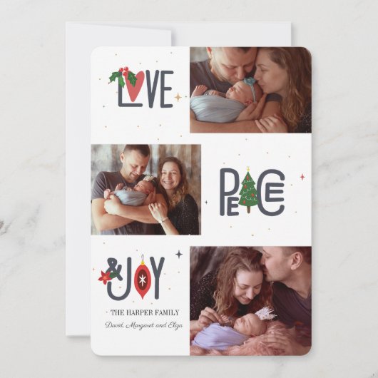 Kerstkaart met 3 foto's en 'Love, Peace & Joy' Kaart (Voorkant)