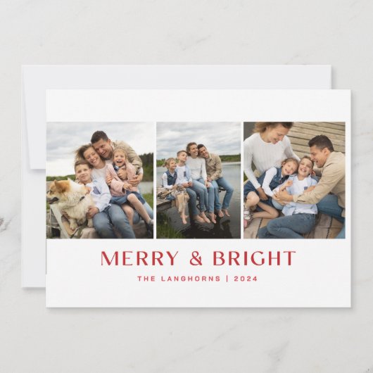 Kerstkaart met 3 foto's 'Merry & Bright' Kaart (Voorkant)