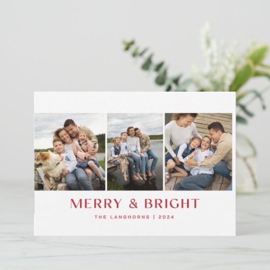 Kerstkaart met 3 foto's 'Merry & Bright' Kaart (Staand voorkant)