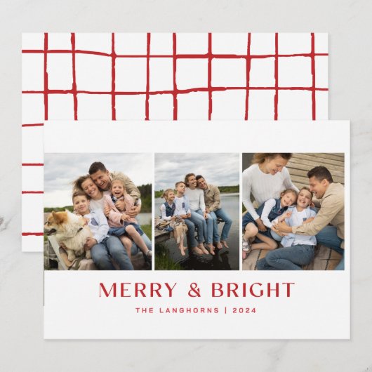 Kerstkaart met 3 foto's 'Merry & Bright' Kaart (Voorkant / Achterkant)