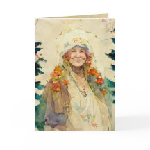 Kerstkaart met aquarel van oude vrouw in de winter