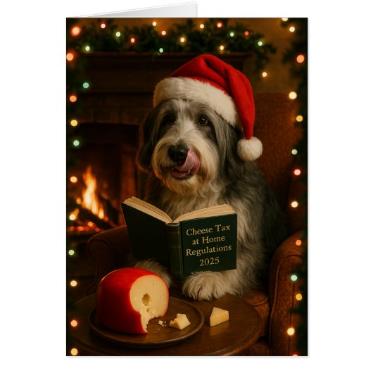 Kerstkaart met baardcollie 'Kaasbelasting' (Voorkant)