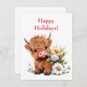 Kerstkaart met baby-hooglandkoe met madeliefjes (Voorkant / Achterkant)