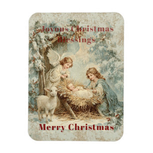 Kerstkaart met baby Jezus in een kribbe en engel Magneet