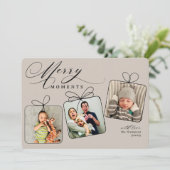 Kerstkaart met beige fotocollage en vrolijke momen (Staand voorkant)