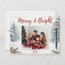 Kerstkaart met besneeuwd tafereel en familiefoto