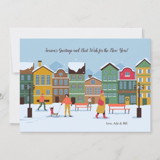 Kerstkaart met besneeuwde straat (Voorkant)