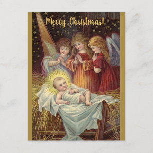 Kerstkaart met bewerkbare vintage Jezus en engelen Briefkaart