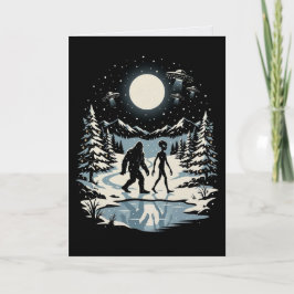 Kerstkaart met Bigfoot Alien Cryptid UFO Feestdage Kaart