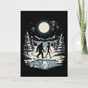 Kerstkaart met Bigfoot Alien Cryptid UFO Feestdage Kaart