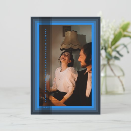 Kerstkaart met blauwe lijst (Staand voorkant)