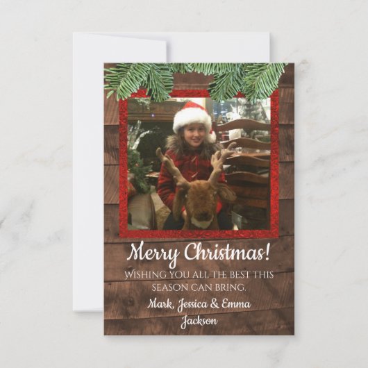 Kerstkaart met boerderij- en dennehouten foto kaart (Voorkant)