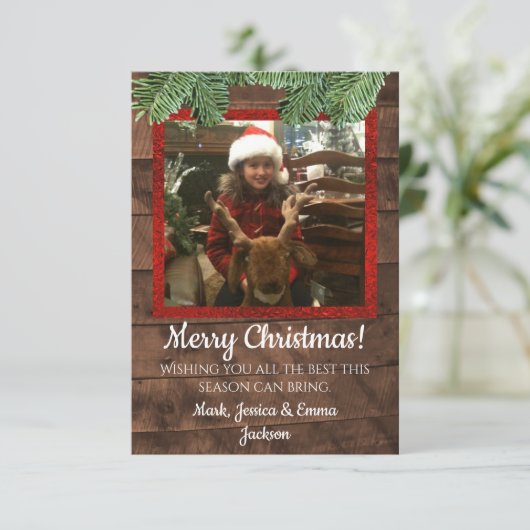 Kerstkaart met boerderij- en dennehouten foto kaart (Staand voorkant)