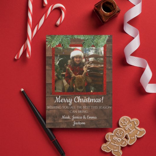 Kerstkaart met boerderij- en dennehouten foto kaart