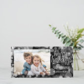 Kerstkaart met bokeh en vrolijke vakantiewensen: m (Staand voorkant)