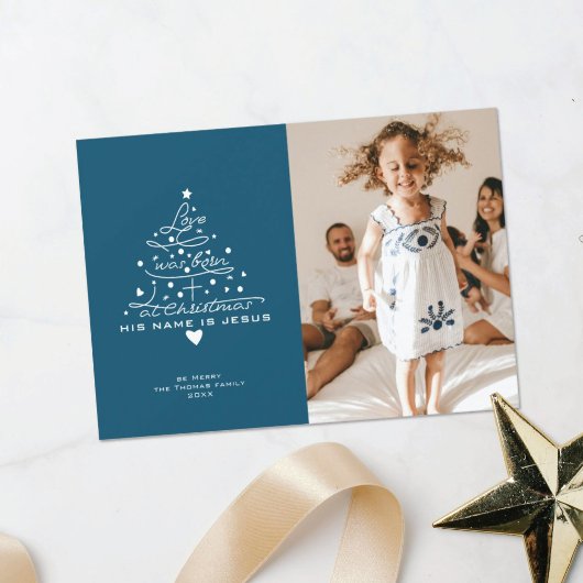 Kerstkaart met boom 'Liefde werd geboren'